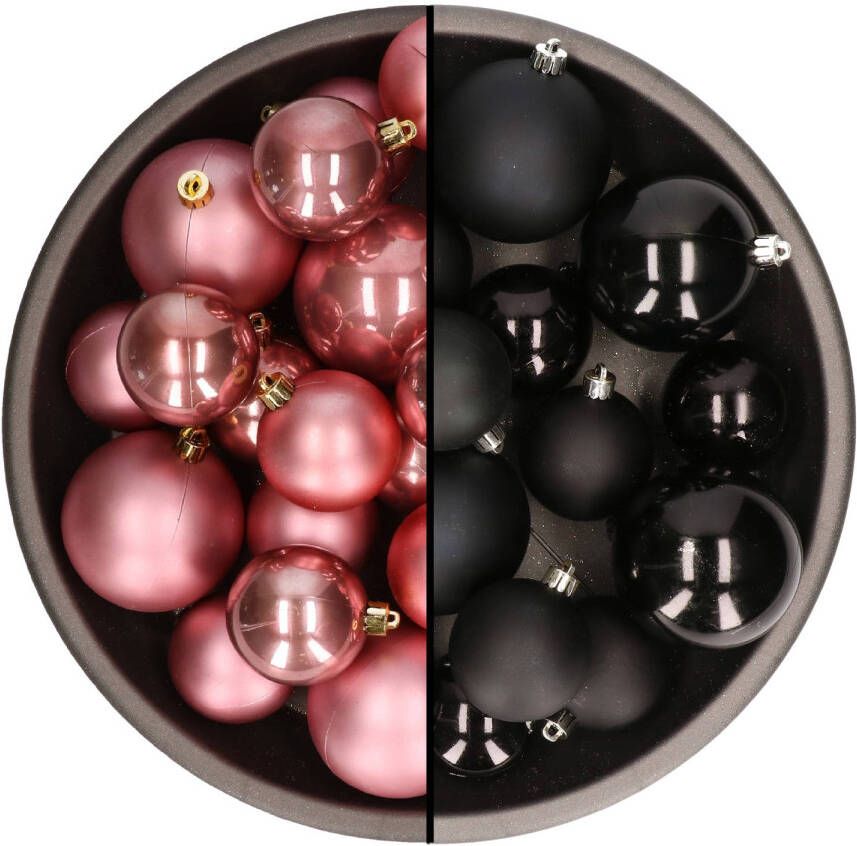 Decoris Kerstversiering kunststof kerstballen mix zwart oud roze 6-8-10 cm pakket van 44x stuks Kerstbal