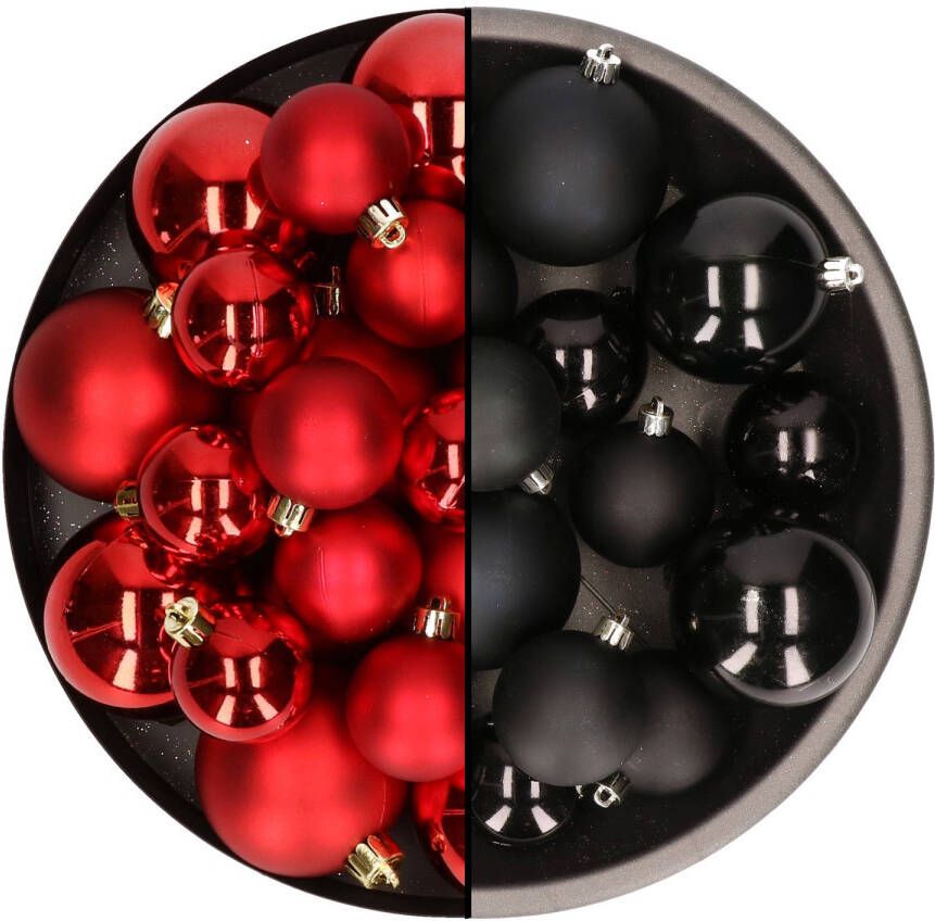 Decoris Kerstversiering kunststof kerstballen mix zwart rood 4-6-8 cm pakket van 68x stuks Kerstbal