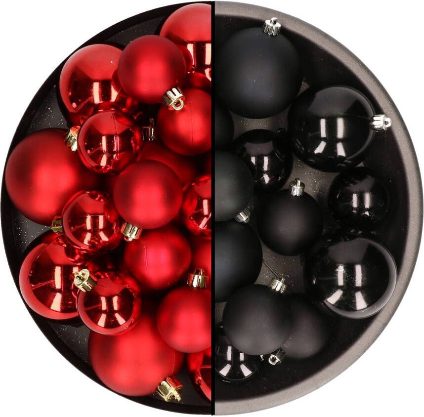 Decoris Kerstversiering kunststof kerstballen mix zwart rood 6-8-10 cm pakket van 44x stuks Kerstbal
