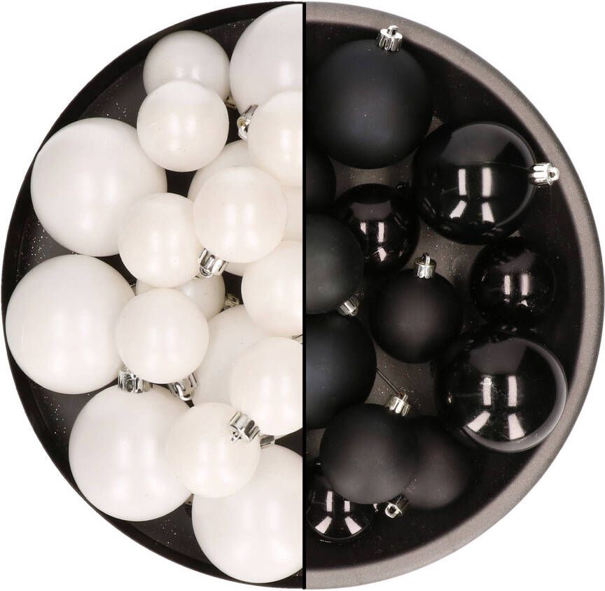 Decoris Kerstversiering kunststof kerstballen mix zwart wit 4-6-8 cm pakket van 68x stuks Kerstbal