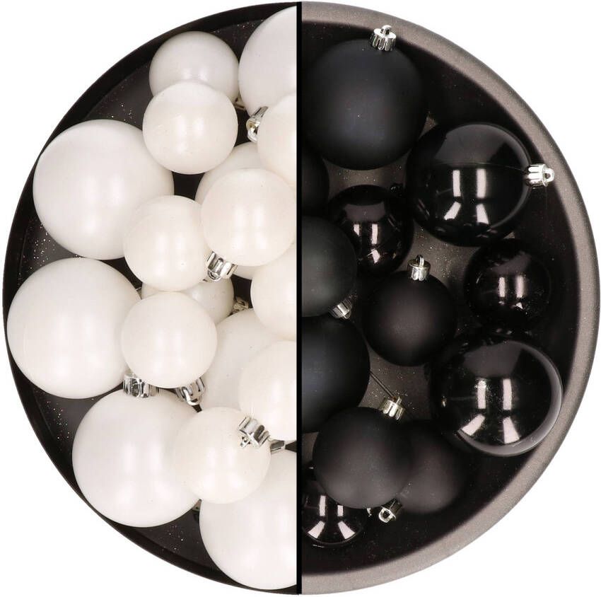 Decoris Kerstversiering kunststof kerstballen mix zwart wit 6-8-10 cm pakket van 44x stuks Kerstbal