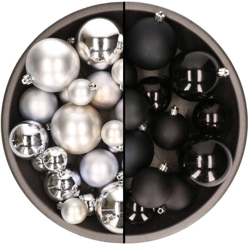 Decoris Kerstversiering kunststof kerstballen mix zwart zilver 4-6-8 cm pakket van 68x stuks Kerstbal