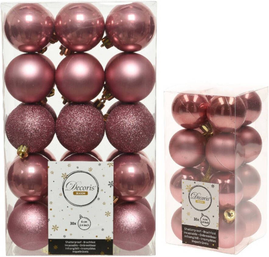 Decoris Kerstversiering kunststof kerstballen oud roze 4-6 cm pakket van 46x stuks Kerstbal