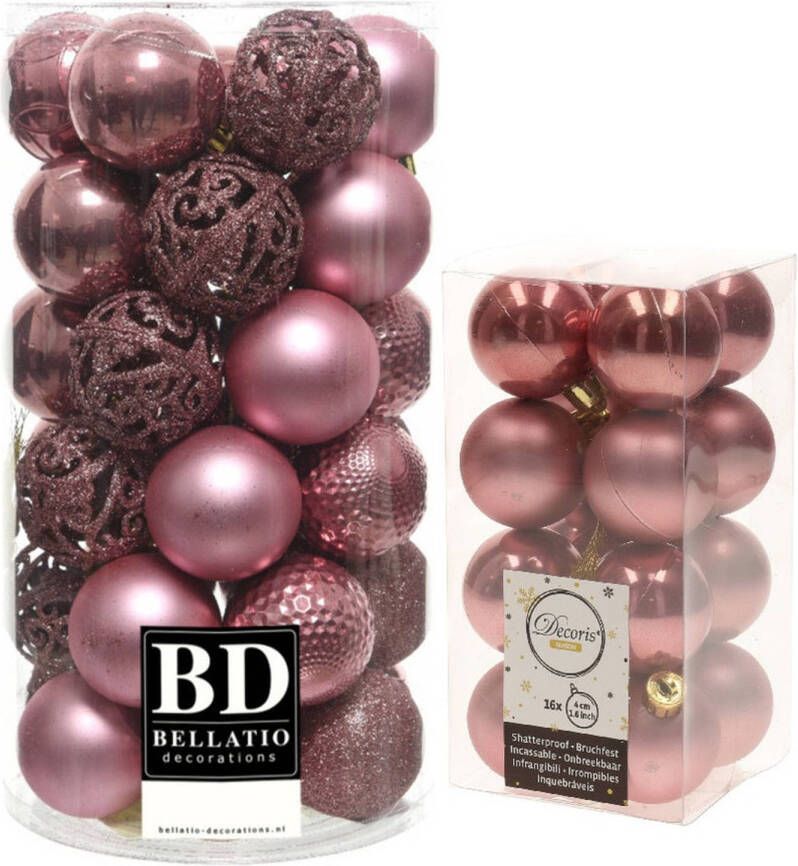 Decoris Kerstversiering kunststof kerstballen oud roze 4-6 cm pakket van 53x stuks Kerstbal