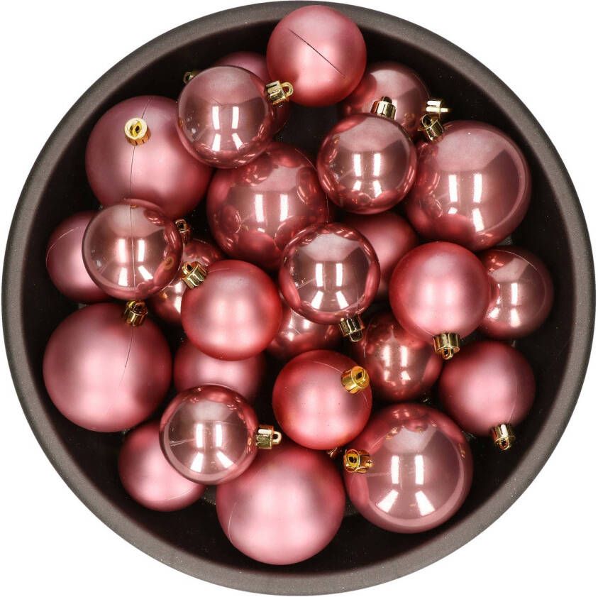 Decoris Kerstversiering kunststof kerstballen oud roze 6-8-10 cm pakket van 22x stuks Kerstbal