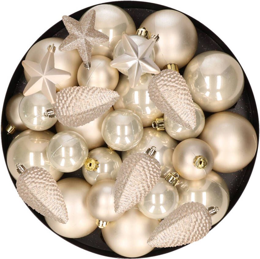 Decoris Kerstversiering kunststof kerstballen parel champagne 6-8-10 cm pakket van 68x stuks Kerstbal