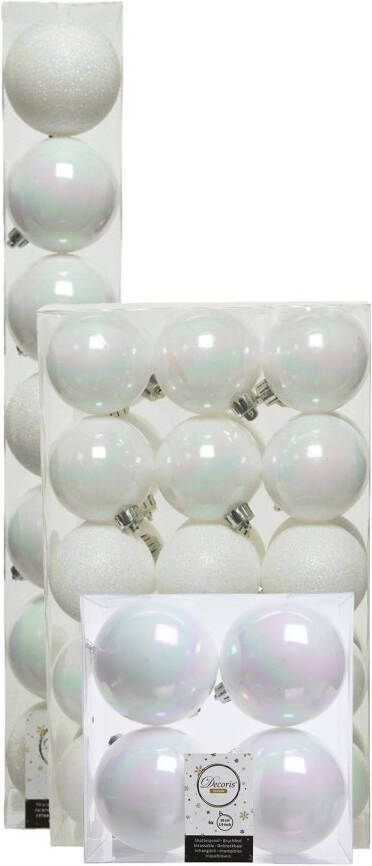 Decoris Kerstversiering kunststof kerstballen parelmoer wit 6-8-10 cm pakket van 52x stuks Kerstbal