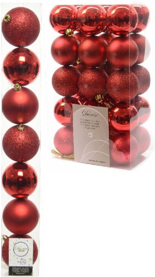 Decoris Kerstversiering kunststof kerstballen rood 4-5-6-8 cm pakket van 33x stuks Kerstbal