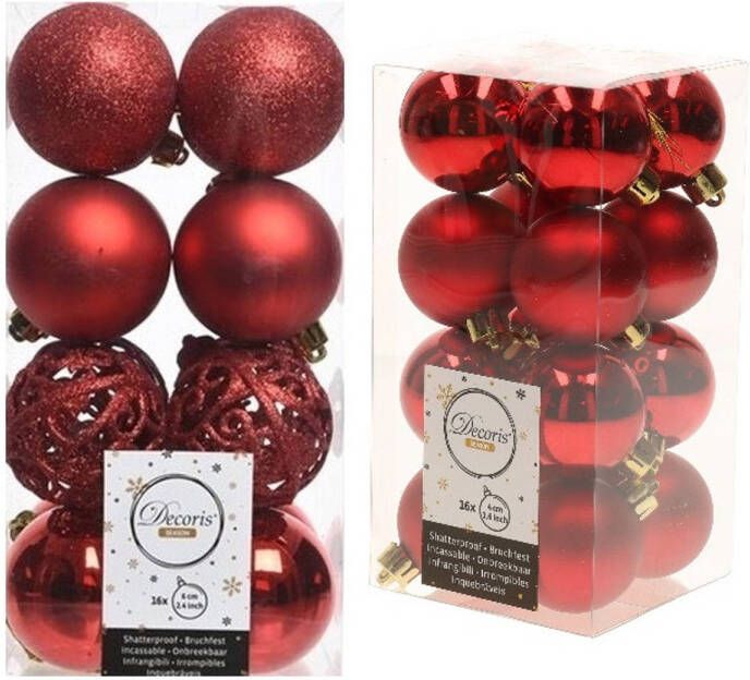Decoris Kerstversiering kunststof kerstballen rood 4-6 cm pakket van 32x stuks Kerstbal