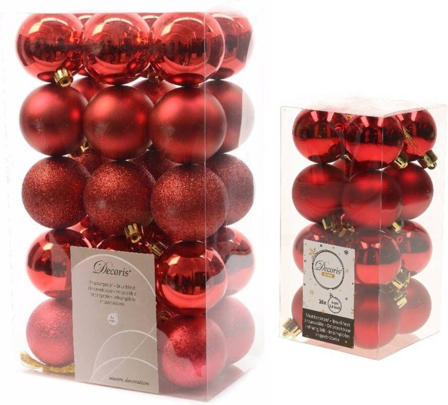 Decoris Kerstversiering kunststof kerstballen rood 4-6 cm pakket van 46x stuks Kerstbal