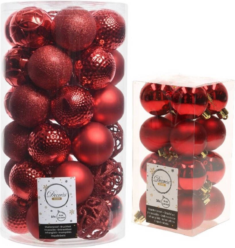 Decoris Kerstversiering kunststof kerstballen rood 4-6 cm pakket van 53x stuks Kerstbal