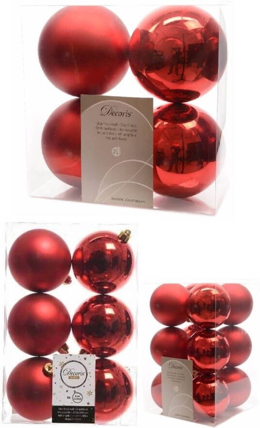 Decoris Kerstversiering kunststof kerstballen rood 6-8-10 cm pakket van 22x stuks Kerstbal