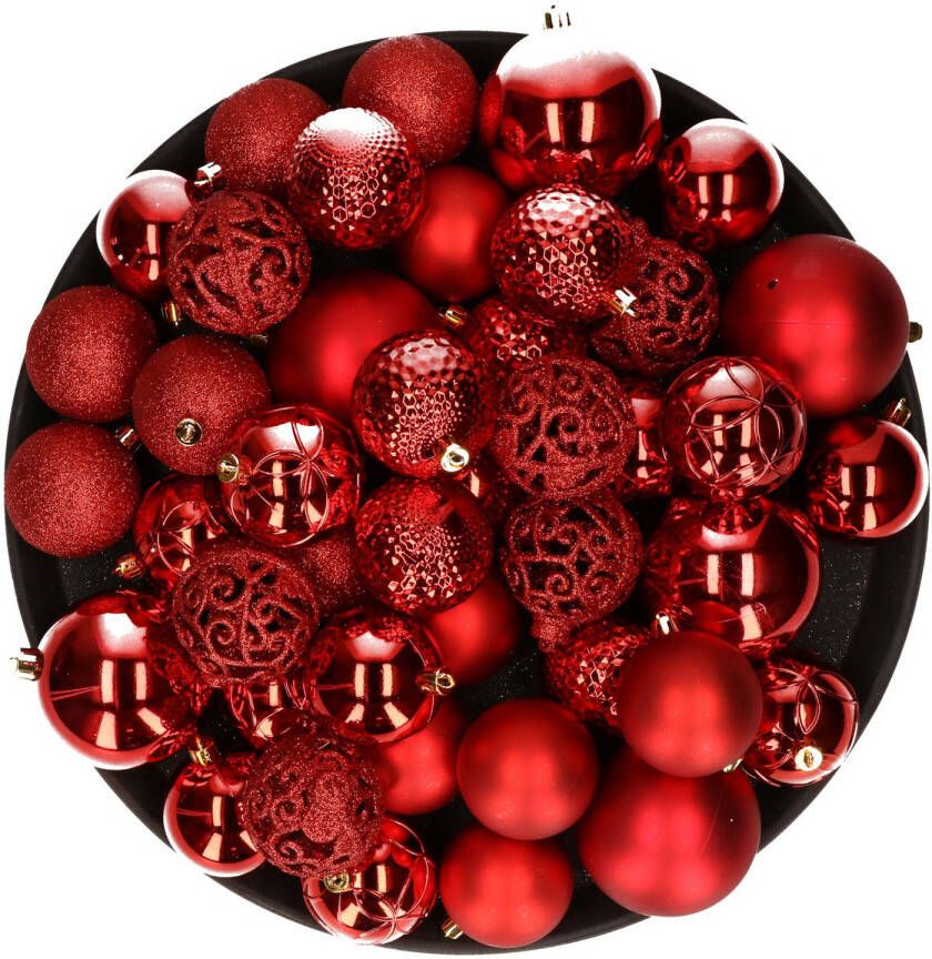 Decoris Kerstversiering kunststof kerstballen rood 6-8-10 cm pakket van 36x stuks Kerstbal