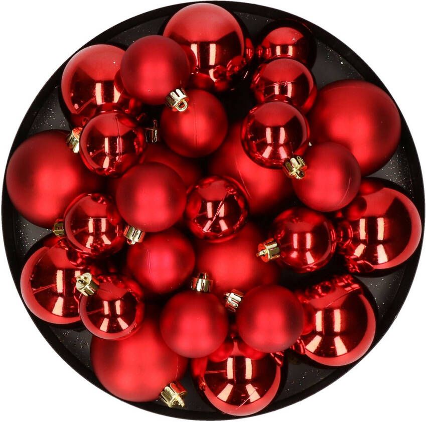 Decoris Kerstversiering kunststof kerstballen rood 6-8-10 cm pakket van 44x stuks Kerstbal