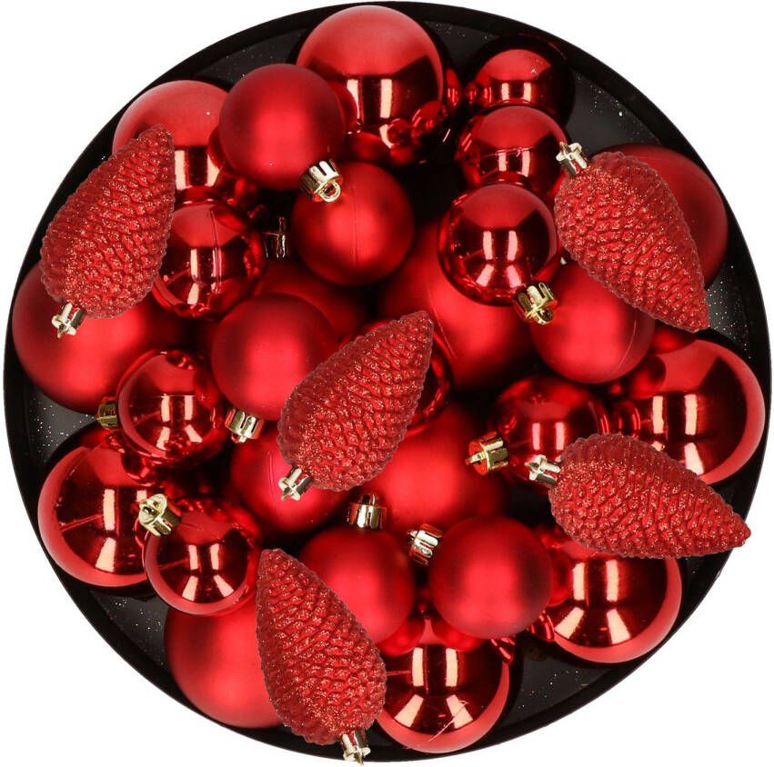 Decoris Kerstversiering kunststof kerstballen rood 6-8-10 cm pakket van 50x stuks Kerstbal