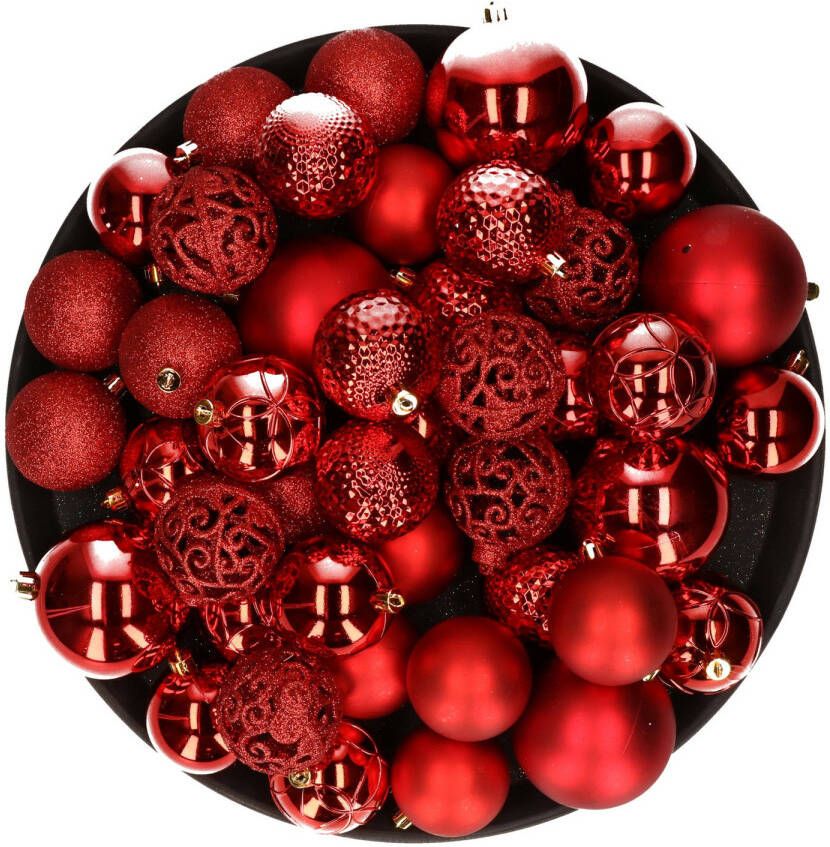 Decoris Kerstversiering kunststof kerstballen rood 6-8-10 cm pakket van 59x stuks Kerstbal
