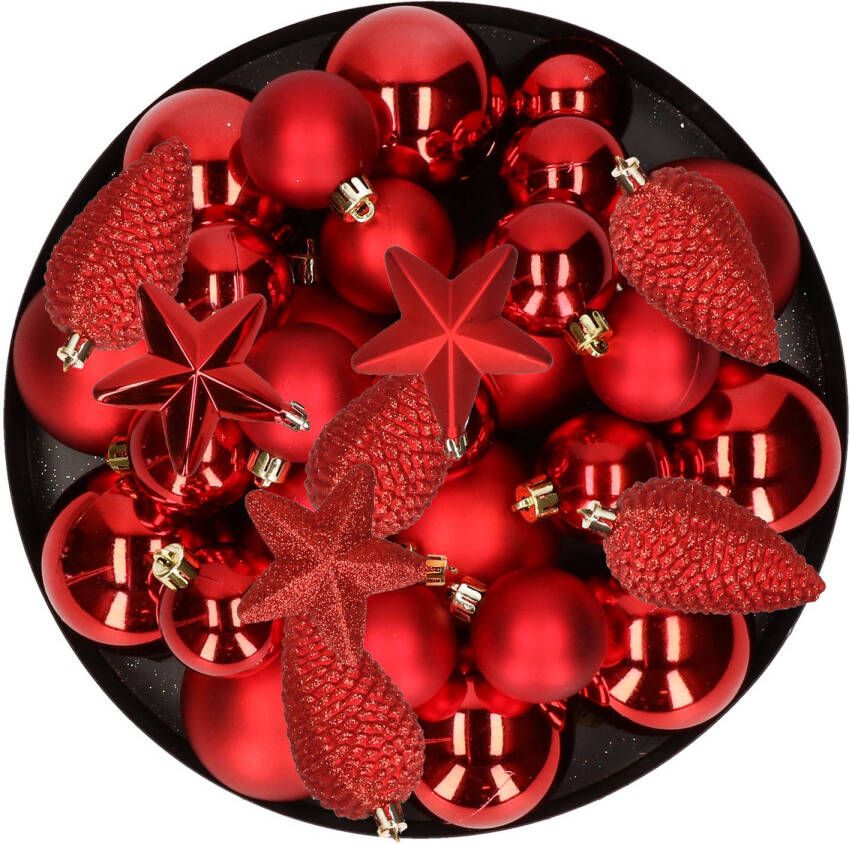 Decoris Kerstversiering kunststof kerstballen rood 6-8-10 cm pakket van 62x stuks Kerstbal