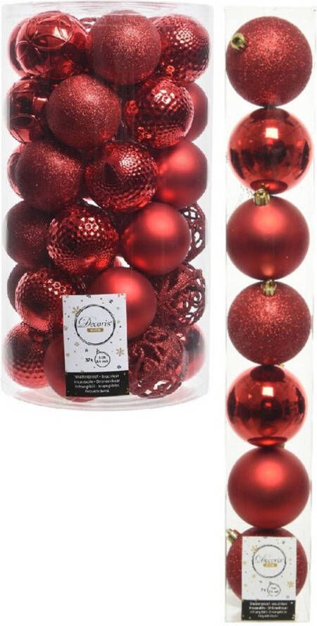 Decoris Kerstversiering kunststof kerstballen rood 6-8 cm pakket van 51x stuks Kerstbal