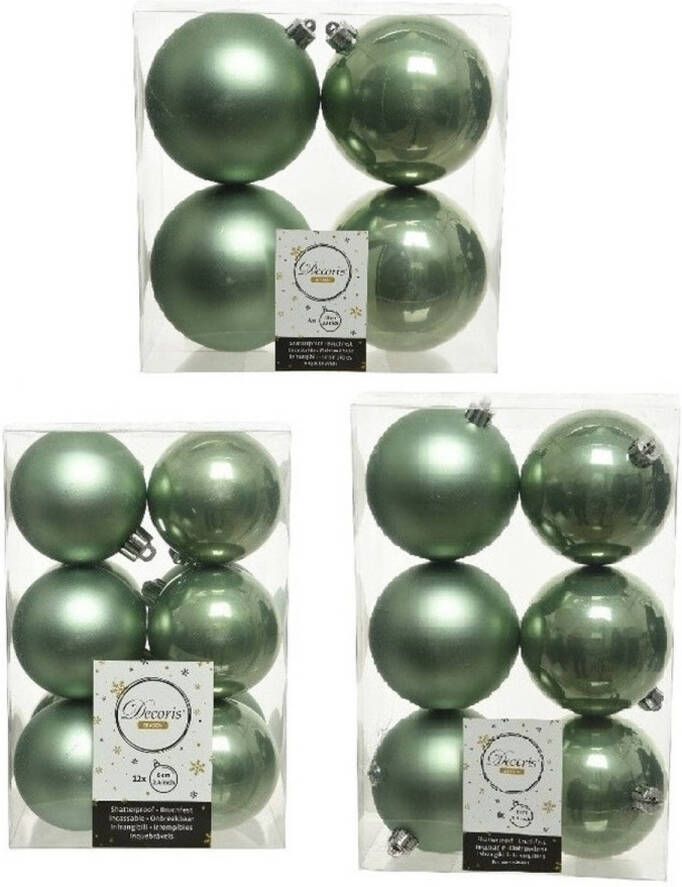 Decoris Kerstversiering kunststof kerstballen salie groen 6-8-10 cm pakket van 22x stuks Kerstbal