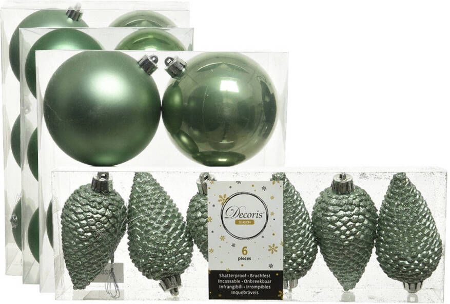 Decoris Kerstversiering kunststof kerstballen salie groen 6-8-10 cm pakket van 50x stuks Kerstbal
