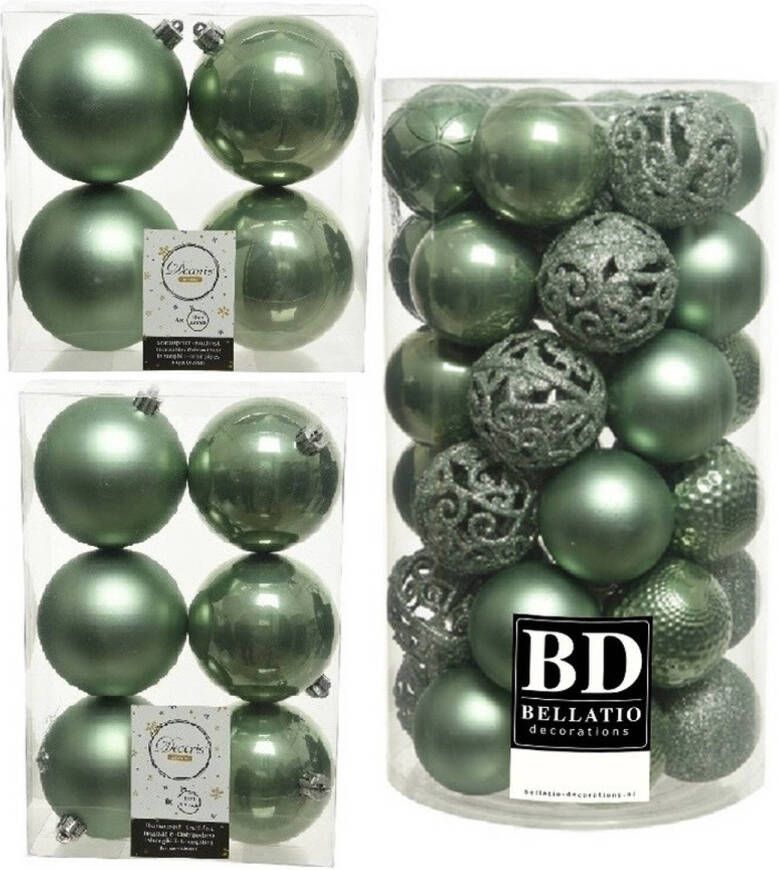 Decoris Kerstversiering kunststof kerstballen salie groen 6-8-10 cm pakket van 57x stuks Kerstbal