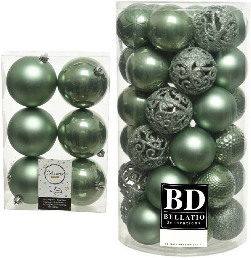 Decoris Kerstversiering kunststof kerstballen salie groen 6-8 cm pakket van 49x stuks Kerstbal