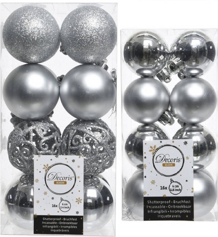 Decoris Kerstversiering kunststof kerstballen zilver 4-6 cm pakket van 32x stuks Kerstbal
