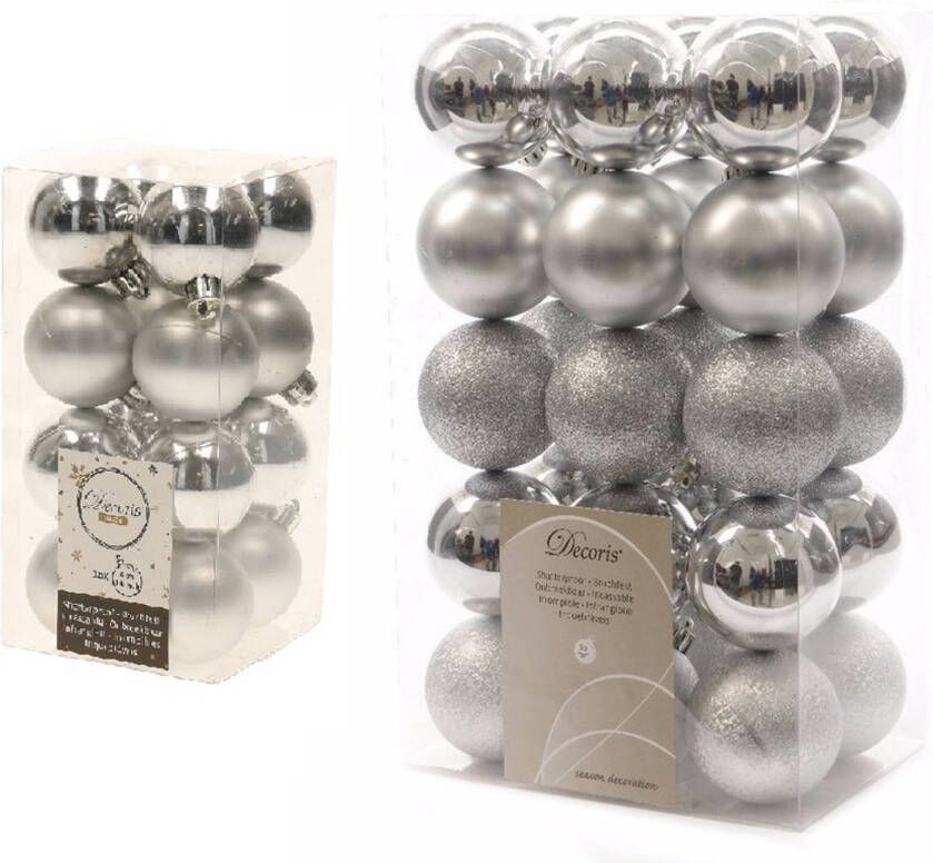 Decoris Kerstversiering kunststof kerstballen zilver 4-6 cm pakket van 46x stuks Kerstbal