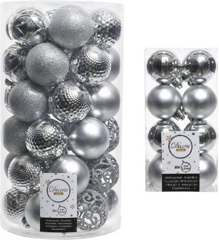 Decoris Kerstversiering kunststof kerstballen zilver 4-6 cm pakket van 53x stuks Kerstbal