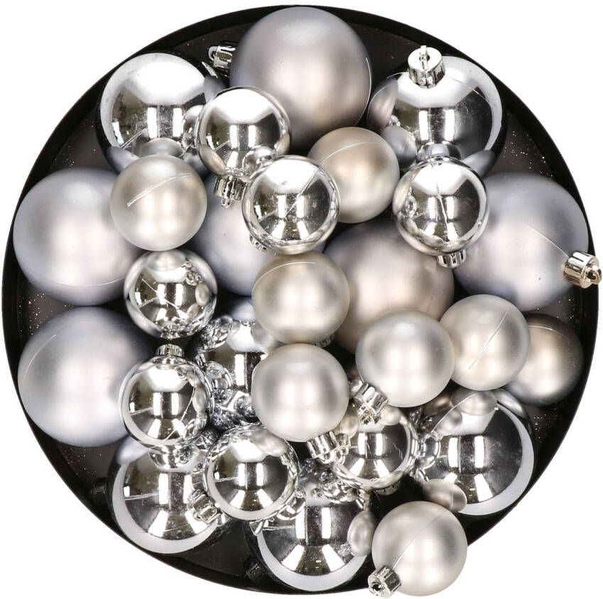 Decoris Kerstversiering kunststof kerstballen zilver 6-8-10 cm pakket van 36x stuks Kerstbal
