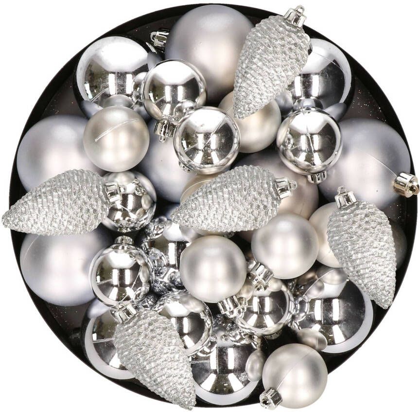 Decoris Kerstversiering kunststof kerstballen zilver 6-8-10 cm pakket van 50x stuks Kerstbal