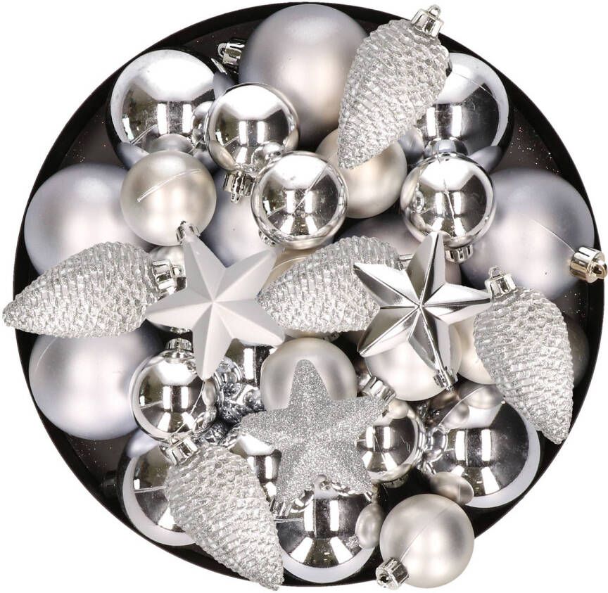 Decoris Kerstversiering kunststof kerstballen zilver 6-8-10 cm pakket van 62x stuks Kerstbal