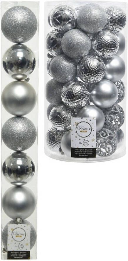 Decoris Kerstversiering kunststof kerstballen zilver 6-8 cm pakket van 51x stuks Kerstbal