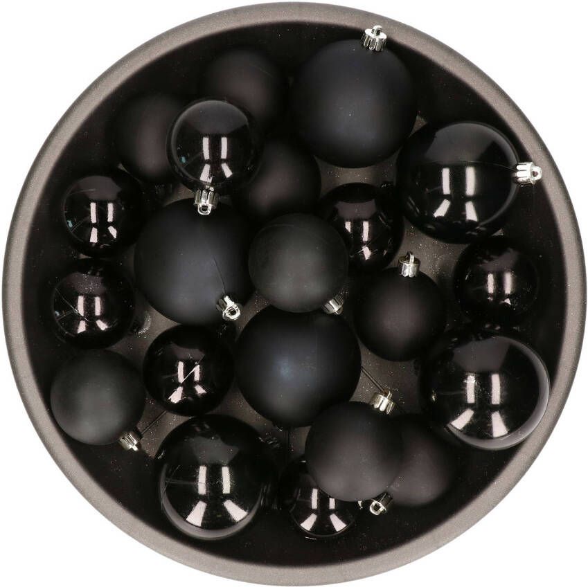 Decoris Kerstversiering kunststof kerstballen zwart 6-8-10 cm pakket van 22x stuks Kerstbal