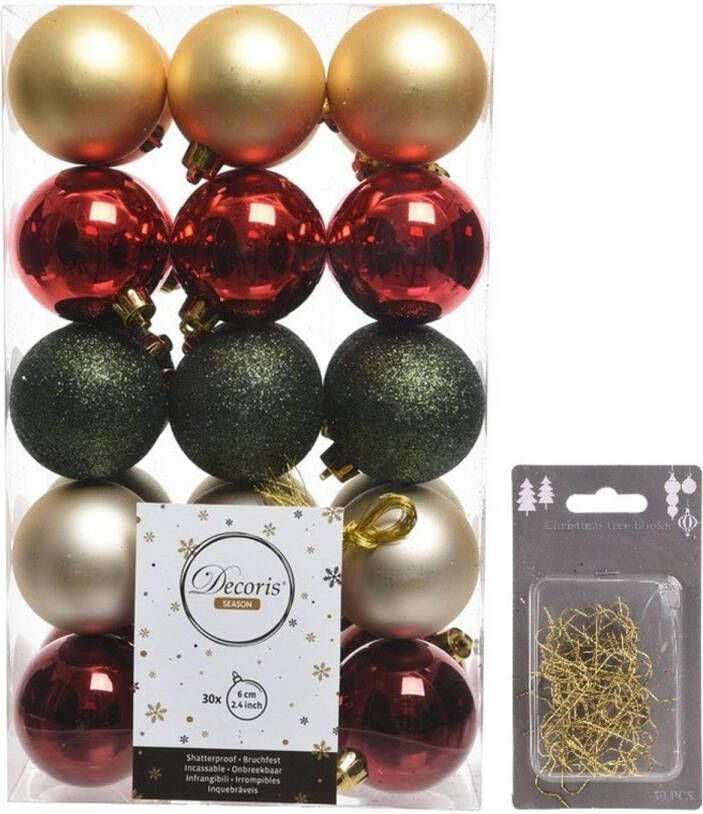 Decoris Kerstversiering mix pakket kunststof kerstballen 6 cm goud groen rood 30x stuks met haakjes Kerstbal