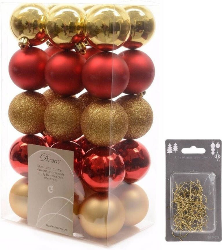 Decoris Kerstversiering mix pakket kunststof kerstballen 6 cm goud rood 30 stuks met haakjes Kerstbal