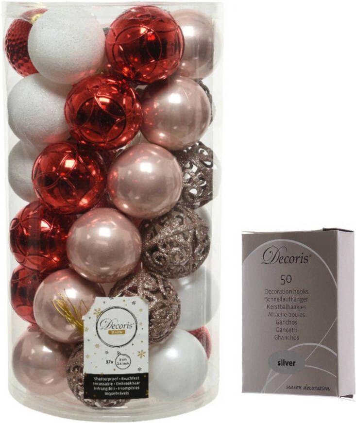 Decoris Kerstversiering mix pakket kunststof kerstballen 6 cm lichtroze rood wit 37x stuks met haakjes Kerstbal