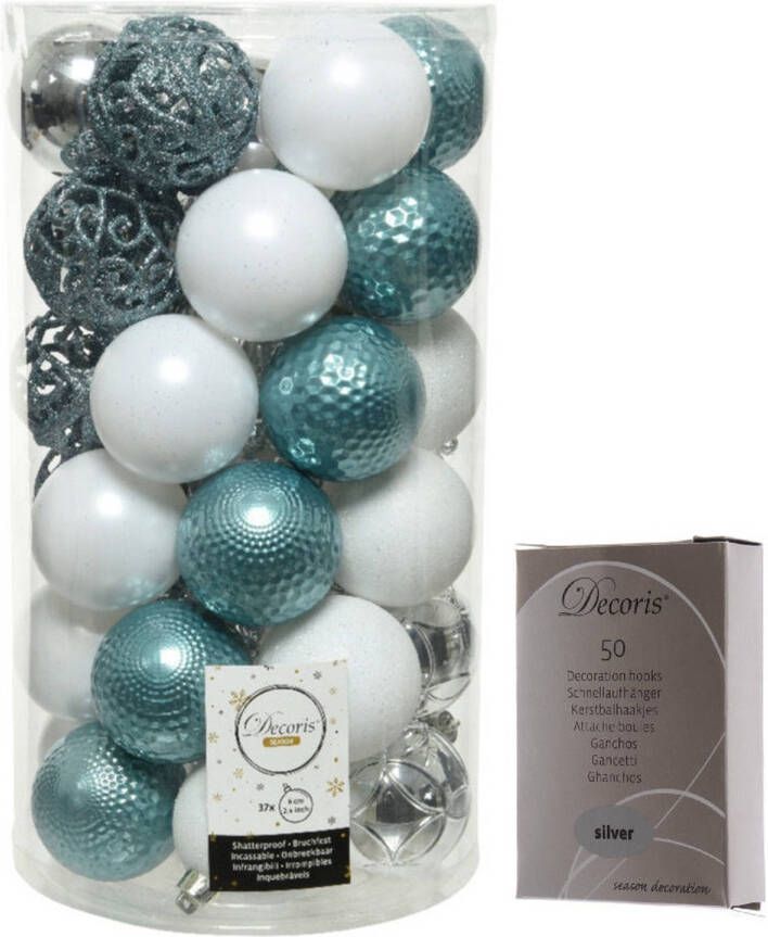 Decoris Kerstversiering mix pakket kunststof kerstballen 6 cm zilver ijsblauw wit 37x stuks met haakjes Kerstbal