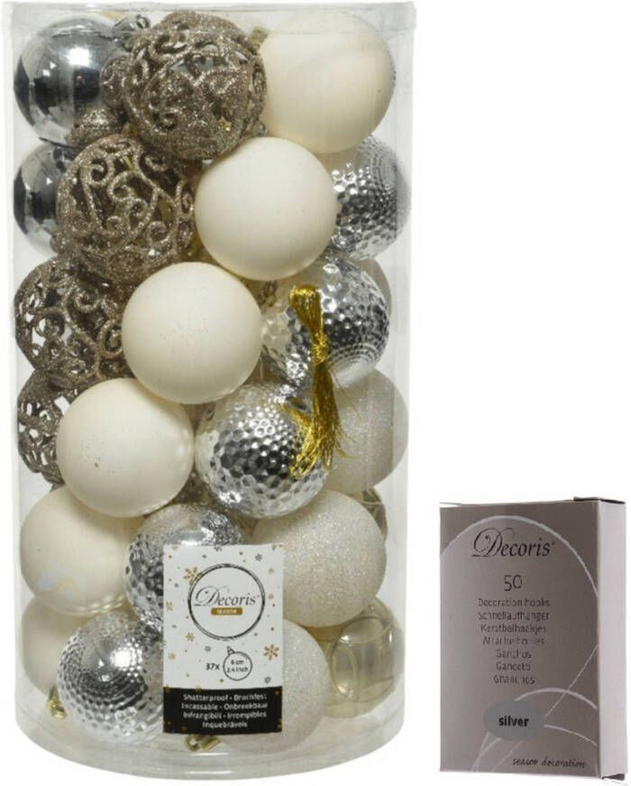 Decoris Kerstversiering mix pakket kunststof kerstballen 6 cm zilver parel wit 37x stuks met haakjes Kerstbal