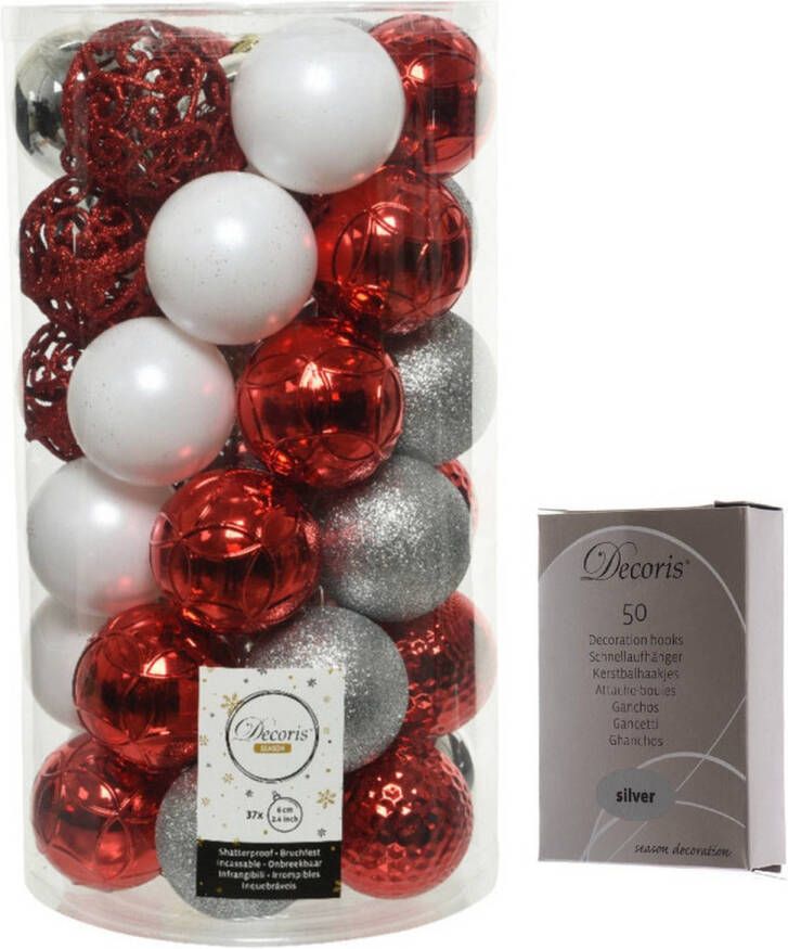 Decoris Kerstversiering mix pakket kunststof kerstballen 6 cm zilver rood wit 37x stuks met haakjes Kerstbal