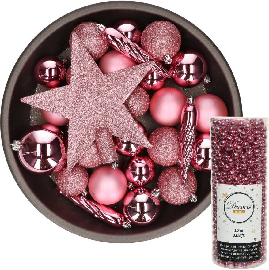 Decoris kerstversiering pakket 34x stuks kunststof roze Kerstbal