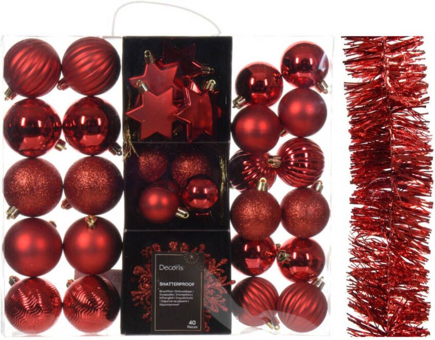 Decoris Kerstversiering- rood kerstballen ornamenten slinger kunststof Kerstbal
