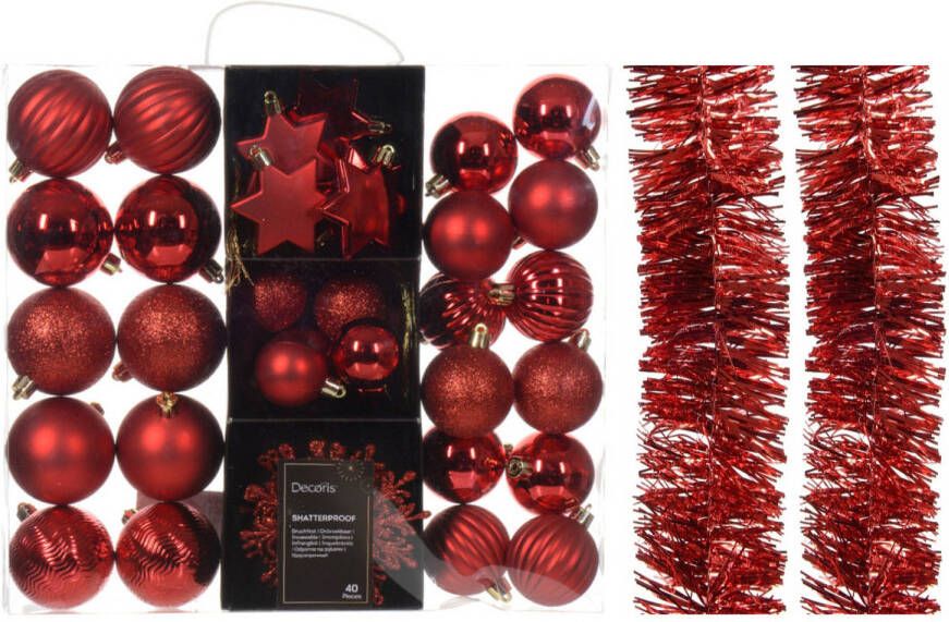 Decoris Kerstversiering- rood kerstballen ornamenten slingers- kunststof Kerstbal