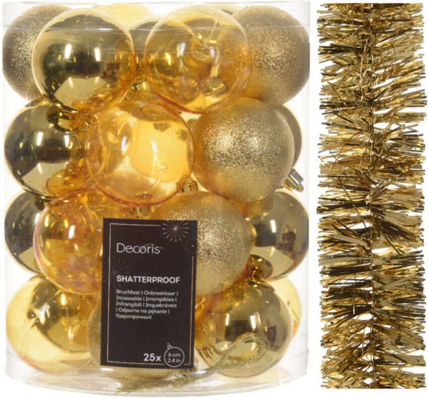 Decoris Kerstversiering set goud kerstballen 6 cm en slinger kunststof Kerstbal
