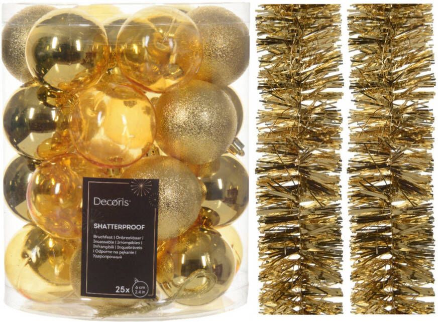 Decoris Kerstversiering set goud kerstballen 6 cm en slingers- kunststof Kerstbal