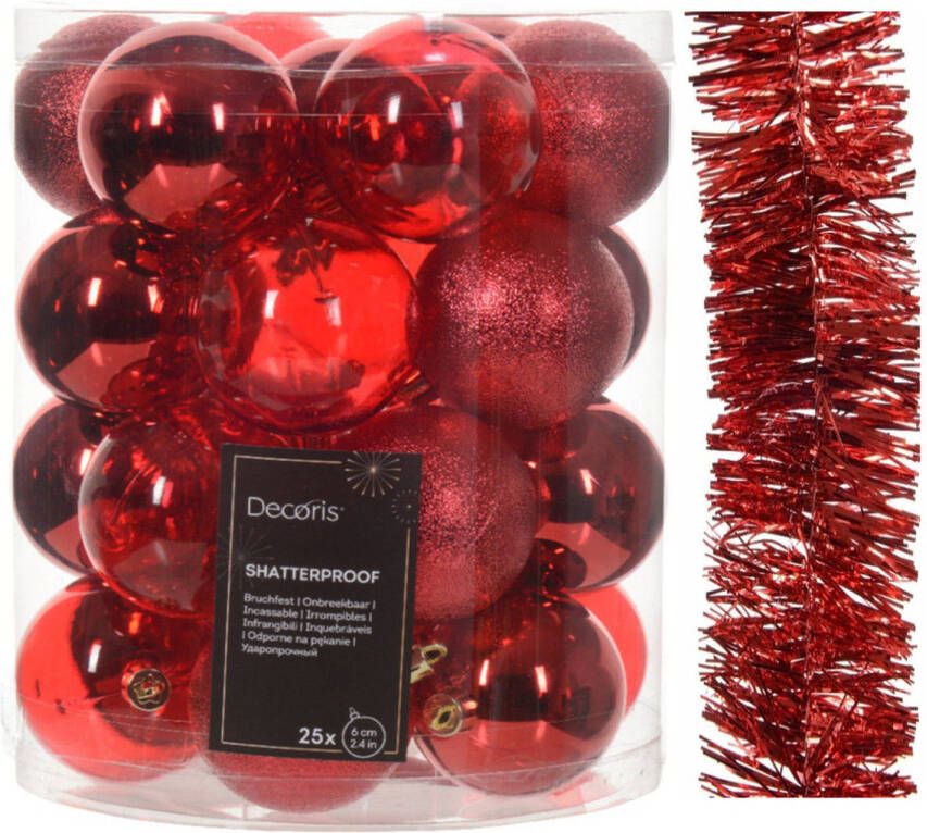 Decoris Kerstversiering set rood kerstballen 6 cm en slinger kunststof Kerstbal