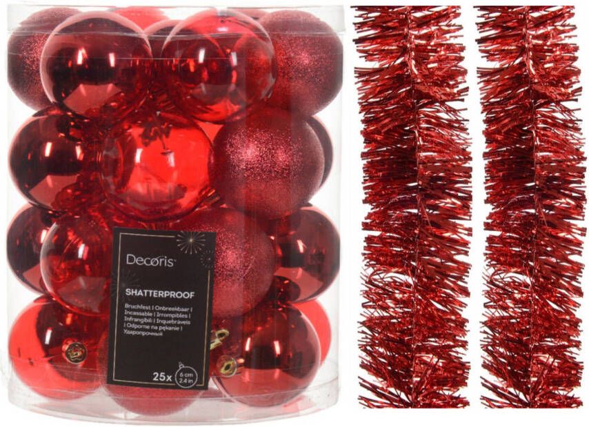 Decoris Kerstversiering set rood kerstballen 6 cm en slingers- kunststof Kerstbal