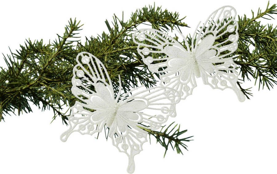 Decoris kerstversiering vlinders op clip 2x -wit 13 cm glitter Kersthangers