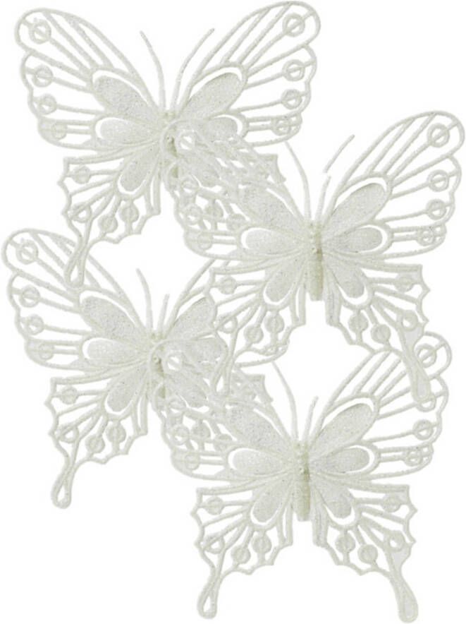 Decoris kerstversiering vlinders op clip 4x -wit 13 cm glitter Kersthangers