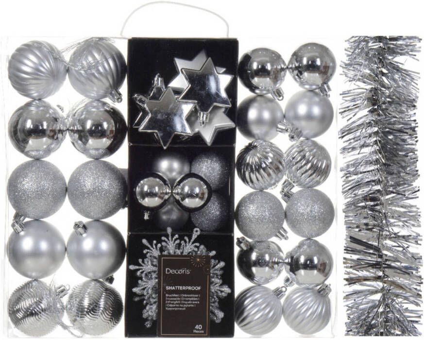 Decoris Kerstversiering- zilver kerstballen ornamenten slinger kunststof Kerstbal